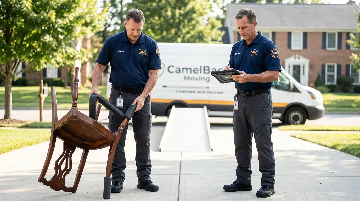 Movers inspecting furniture for damage prevention before loading in Thomas, OK