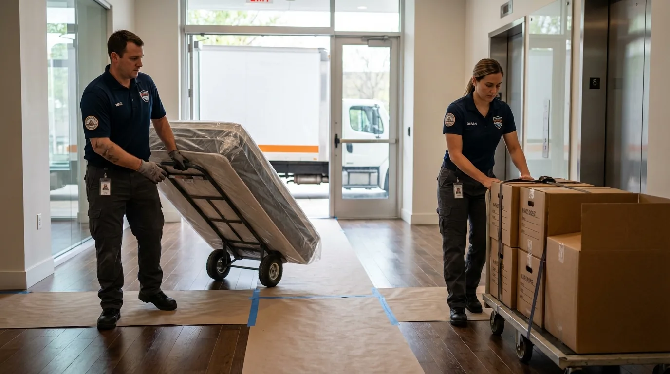 Professional apartment movers loading elevator in Thomas, OK