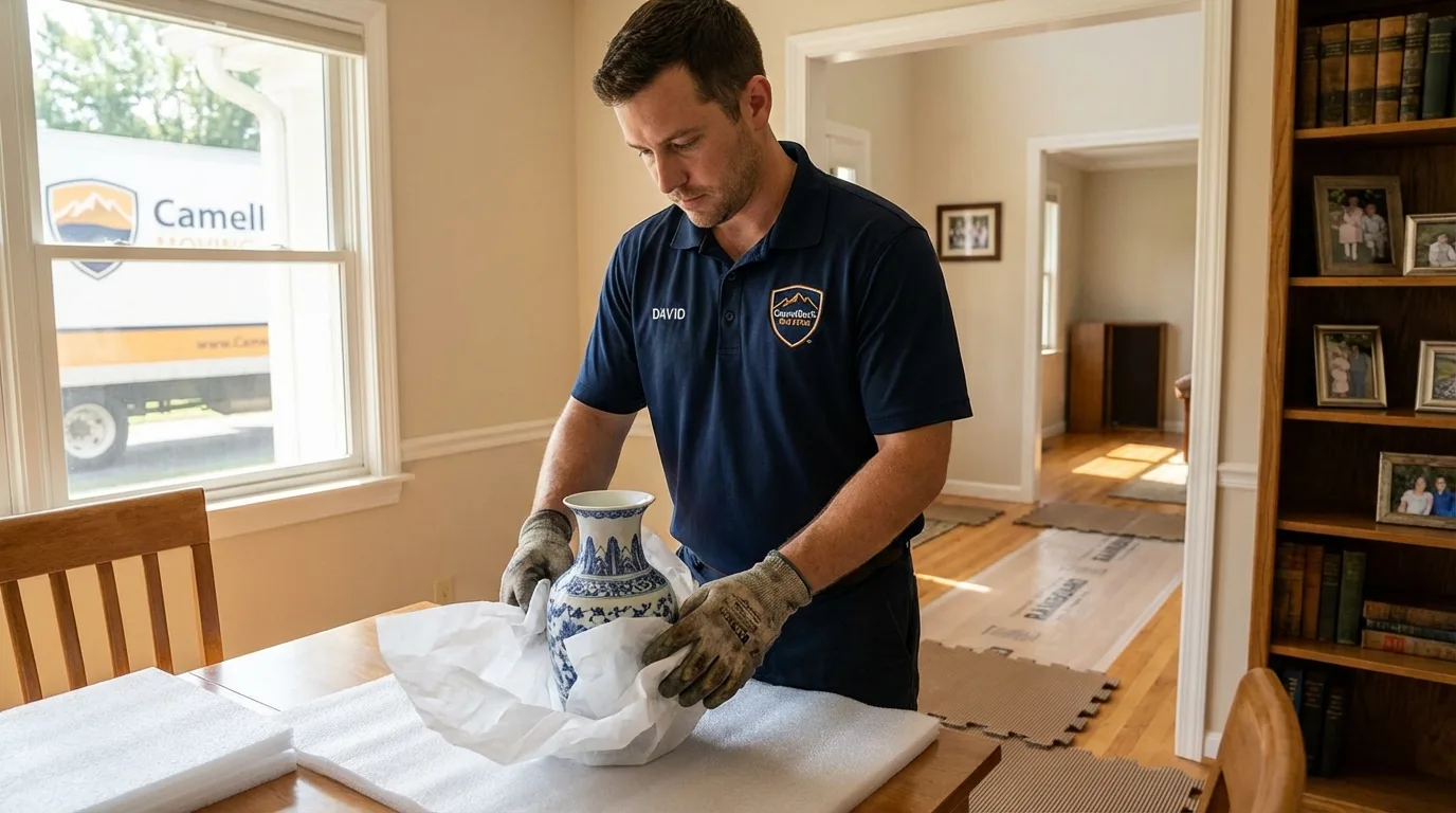 Professional crew carefully wrapping antique vase for senior downsizing move in Thomas, OK